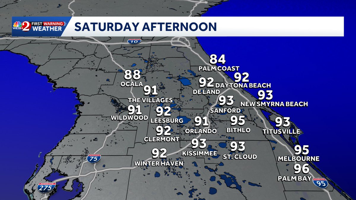 TMainolfiWESH's tweet image. Plenty of heat on Saturday folks! #Melbourne may tie or break a record high as it climbs into the middle 90s! Have a look at the rercord highs across Central #florida for #Saturday!