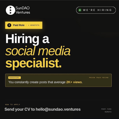 sundaoventures's tweet photo. Send us your CV if you’ve got these things:

1. Create social media posts that average 2k+ views (bonus points if it’s education related) 💯

Bonus points if you: 

1. Are a University student or recently graduated

2. Built an educational program (bonus points if you have active users) 

3. Ran a community with over 200 people (bonus points if it was educational related)

We’re always looking for extraordinary talent.

This is a PAID part time and remote marketing role with benefits + training provided (no experience needed)