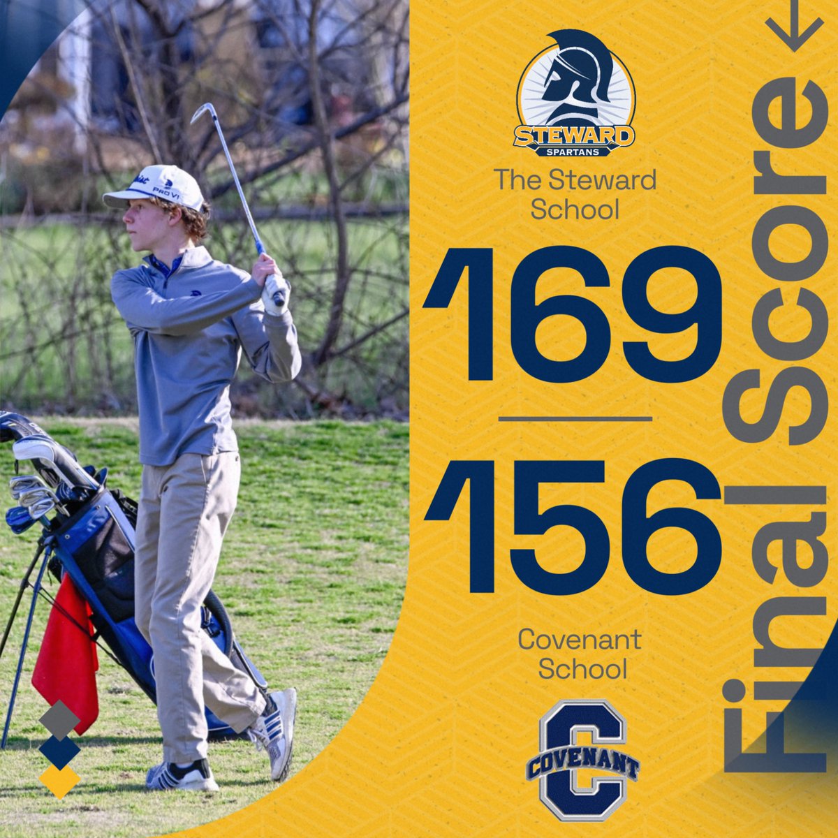 StewardSpartans's tweet image. ⛳️FINAL SCORE⛳️

Varsity Golf concluded regular season play this afternoon falling short to Covenant School. Brennan Zide ‘26 was medalist, shooting a 37 (one over). #GoSpartans #804varsity @henricosports