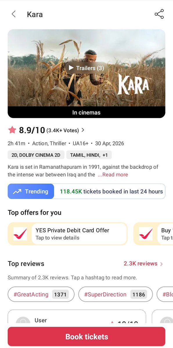 #Kara – Around 118K+ Tickets Booked In The Last 24 Hours On BookMyShow. Good Numbers For A Working Day. With The Next 3 Days Being Holidays, Expecting Strong Collections 👍, #KaraBlockBuster💥