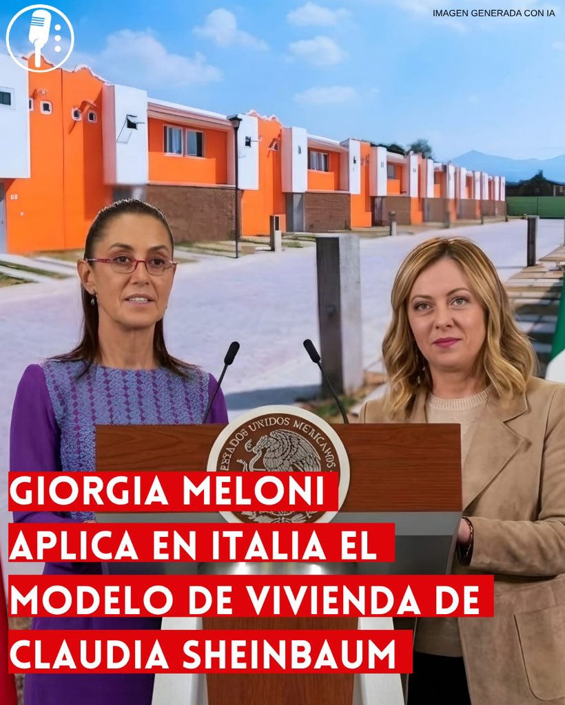 ⭕ OJO | GIORGIA MELONI APLICA EN ITALIA EL MODELO DE VIVIENDA DE CLAUDIA SHEINBAUM 

Meloni (<a href="/GiorgiaMeloni/">Giorgia Meloni</a>) replica modelo de vivienda de Sheinbaum (<a href="/Claudiashein/">Claudia Sheinbaum Pardo</a>). Italia invertirá diez mil millones de euros para dar casa a miles de familias siguiendo el ejemplo del bienestar