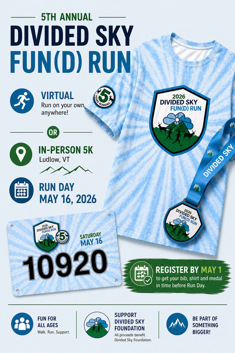 DividedSkyFdn's tweet image. 🏃‍♀️💨 Join the 5th Annual Divided Sky Fun(d) Run on May 16! Register by May 1 for a t-shirt, medal &amp;amp; badge delivered to you! Run/walk a 5K at your pace in Ludlow, VT! 🎉 Details: bigweekend.org #FunRun #DividedSky #AddictionRecovery