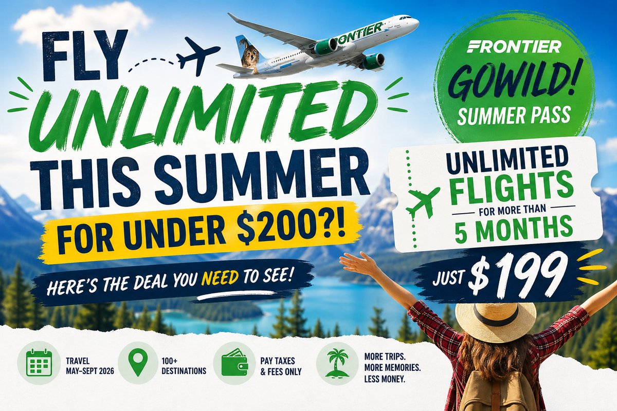 moneysavingduo's tweet image. Wow! Unlimited flights for UNDER $200? Frontier announces its GoWild! Summer Pass for 2026: moneysavingduo.com/post/fly-unlim… 

#flightdeals #flightsavings #traveldiscounts