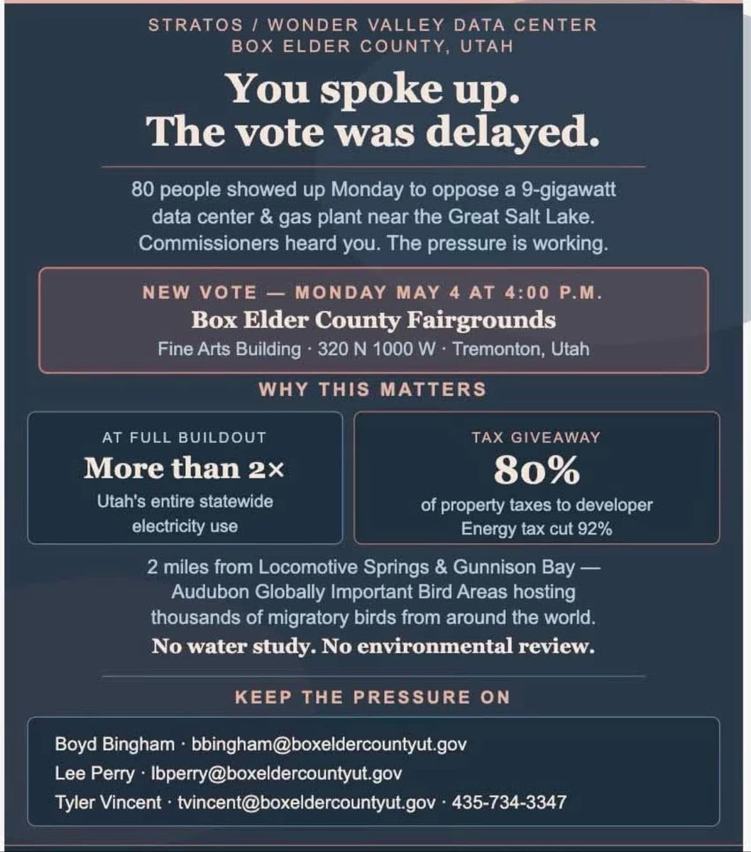 AndreaAlta's tweet photo. What do you think of the massive Data Center that is going on in Box Elder County Utah. Do you support it or are against it or just don’t care? https://t.co/Lek6sv6WPG