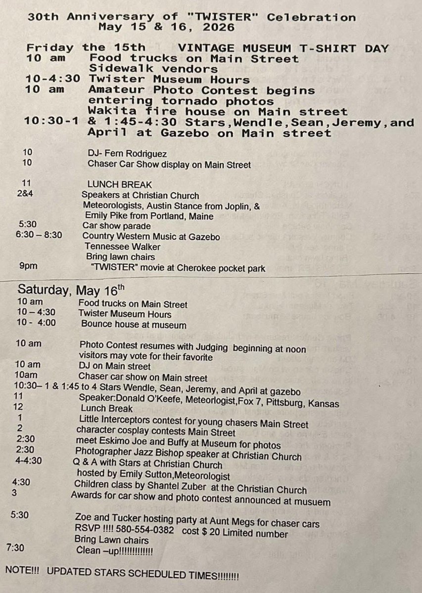 KyleStormChaser's tweet photo. 🎉 30th Anniversary of “Twister” Celebration will be in Wakita, Okla on May 15th &amp; May 16th 🌪️  https://t.co/AKwDA9s5ea https://t.co/gI74N7L98I