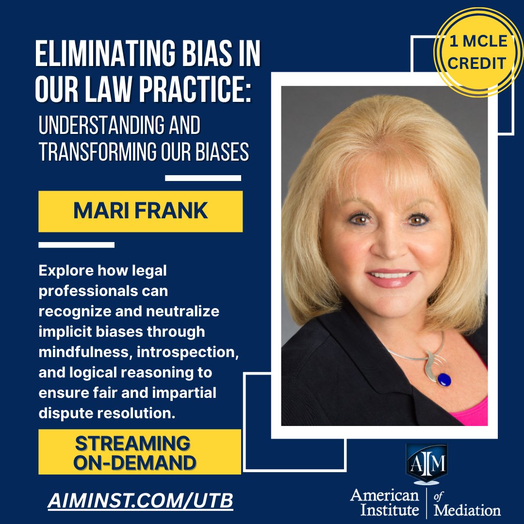 AIMinstitute's tweet image. Unseen bias can shape outcomes, unless we learn to recognize it. Explore "Eliminating Bias in Our Law Practice: Understanding and Transforming our Biases "
with Mari Frank! 
🎥Streaming on-demand - aiminst.com/utb

#Mediation #ADR  #ConflictResolution #Mediator