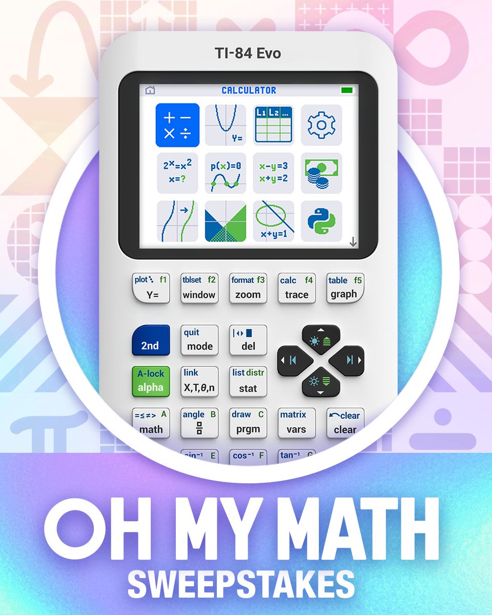 TICalculators's tweet photo. With TI, math is for EVObody! 🤩 But the Oh My Math Sweepstakes... is for teachers only. 😘 https://t.co/4lNfSqPcBa

Enter for a chance to win the TI-84 Evo graphing calculator and plushie keychain!

Every entry gets a free 1-year license of the TI-84 Evo online calculator. 🤩 https://t.co/fUgBYeZbud