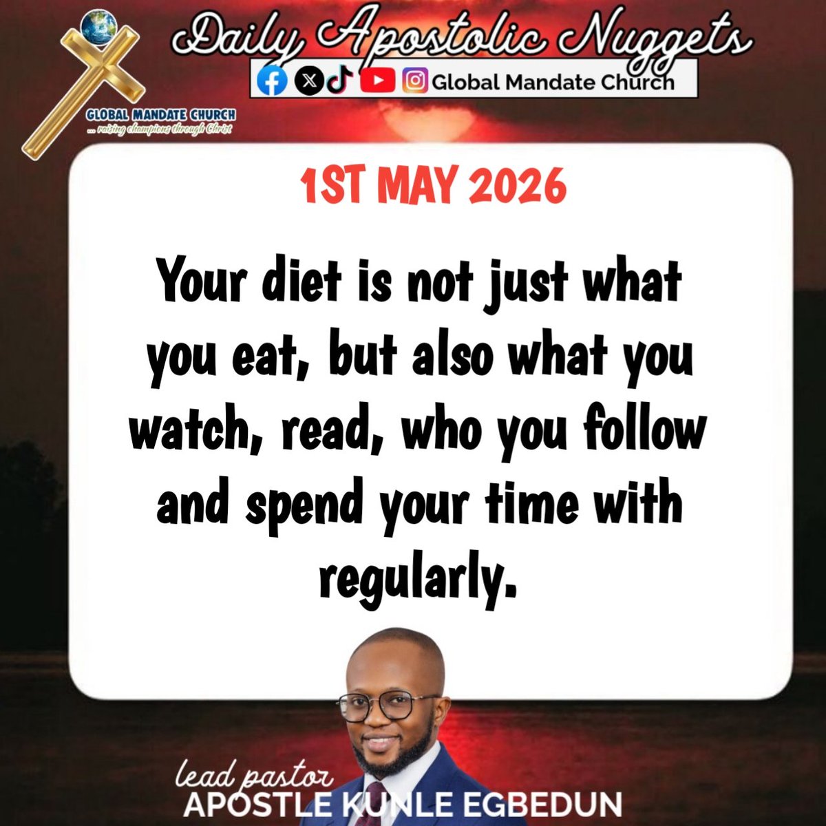 Globalmandate_C's tweet image. Daily Apostolic Nuggets – 1st May 2026 ✨

What you feed your spirit matters just as much as what you feed your body. Be intentional about what you watch, read, and who you surround yourself with—your life will reflect it.

#DailyApostolicNuggets #SpiritualGrowth #MindsetMatters