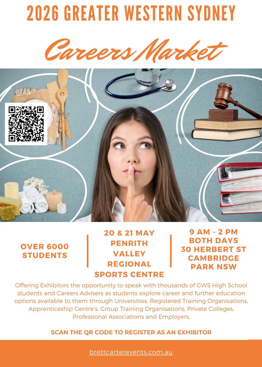 brettmcarter's tweet photo. Hurry, Exhibitor Registrations are closing soon!

With already over 7000 High School students locked in, this Careers event is shaping up to be a cracker offering an excellent platform to reach thousands of career and/or further education seekers.

Scan the QR code to register. https://t.co/p6gA2rWYbg