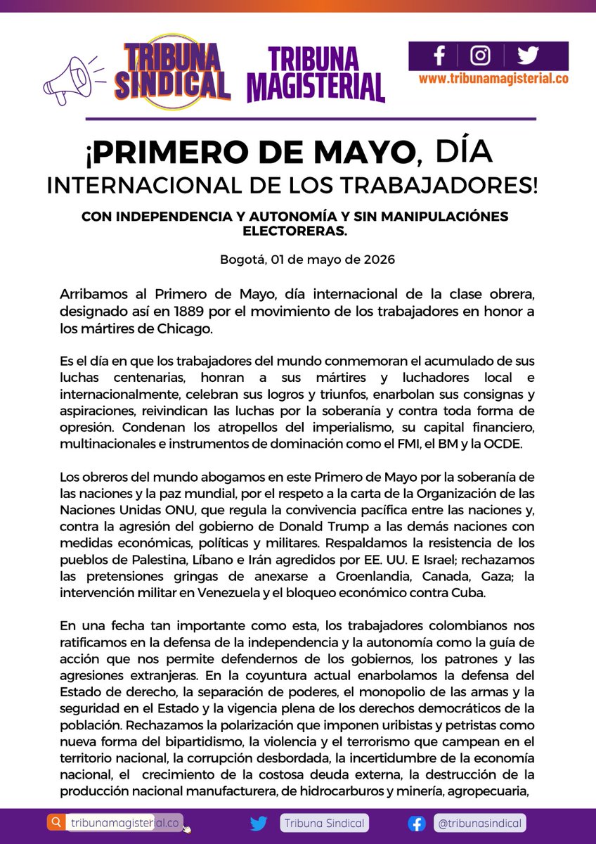 TribunaMagister's tweet photo. 📢 [COMUNICADO OFICIAL – 1° DE MAYO]

No es un día cualquiera.
Es el día del trabajador 👷‍♂️👩‍💼

Una fecha para recordar derechos ⚖️, luchas ✊ y dignidad.

Pero también para alzar la voz con criterio propio 🧠
Con independencia 🇨🇴
Con autonomía 🗳️
Sin manipulaciones electorales 🚫 https://t.co/YGlfIEgsyu