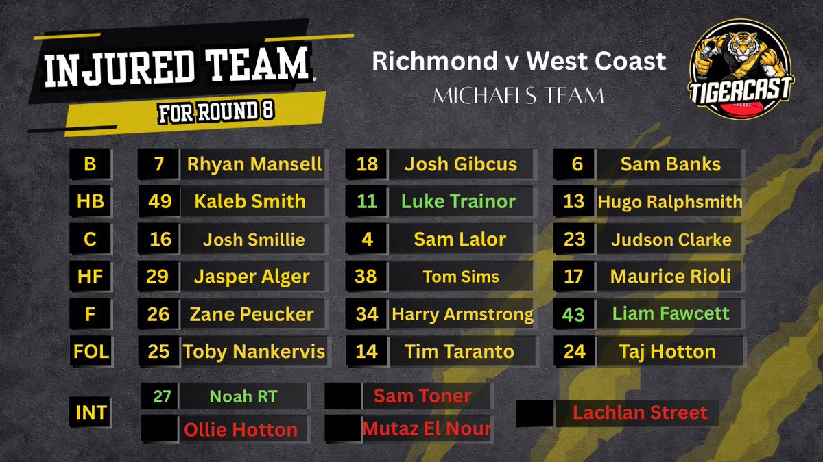 Tigercastpod's tweet image. INJURED Best 23 | I was asked to put together a best 23 using only our injured players, fit players not selected for AFL and VFL players for bench spots. 

This team playing to its potential would win games. 

#sport #football #tigers #richmond #richmondtigers #afl #footy