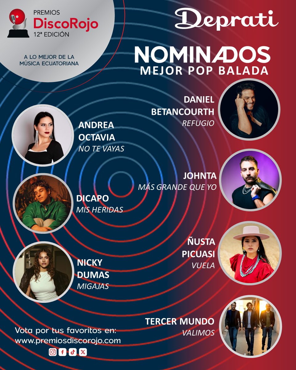 PremioDiscoRojo's tweet photo. 🔥🎧 ¡El #PopBalada está volando alto! 🎧
En la 12ª edición de los #PremiosDiscoRojo celebramos esas voces y ritmos que nos elevan, nos hacen soñar y nos ponen a cantar sin parar 🎶✨
👉 ¿Cuál es tu canción favorita?
💥 Vota ahora en https://t.co/fzJz7QWTTO Auspicia: @depratiec https://t.co/EFEB6nkMlX