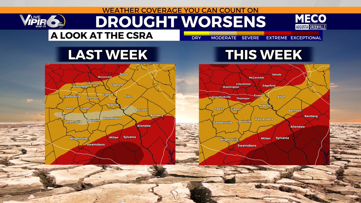 millerhyattwx's tweet image. DROUGHT UPDATE: Conditions are deteriorating in the CSRA. Take a look at the change over just the last 7 days. The areas experiencing "Extreme" (red) and "Exceptional" (dark red) drought have expanded significantly, moving further in the heart of the CSRA. #gawx #augusta #scwx