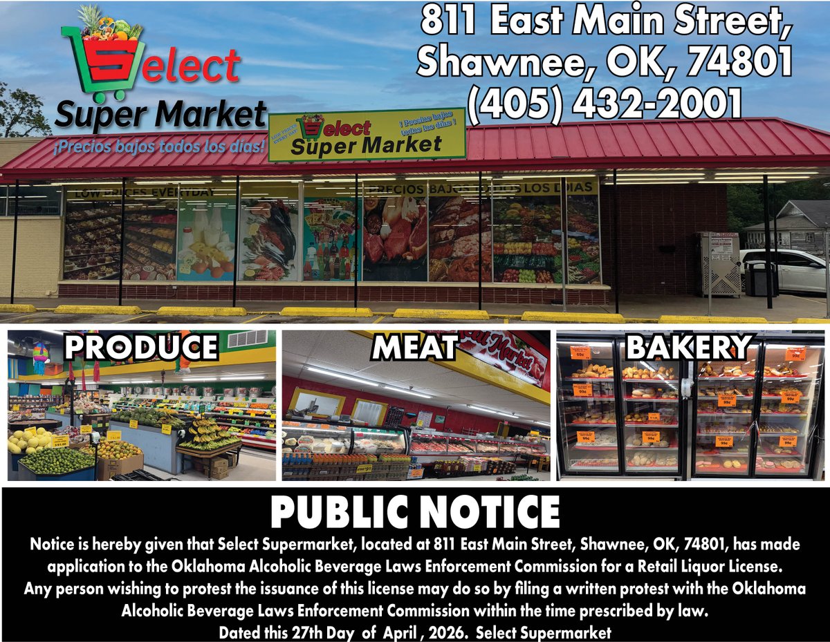 choice_weekly's tweet image. Public Notice from Select Supermarket
Visit them at 811 E Main St, Shawnee, OK

#shawneeoklahoma #supermarket #PublicNotice