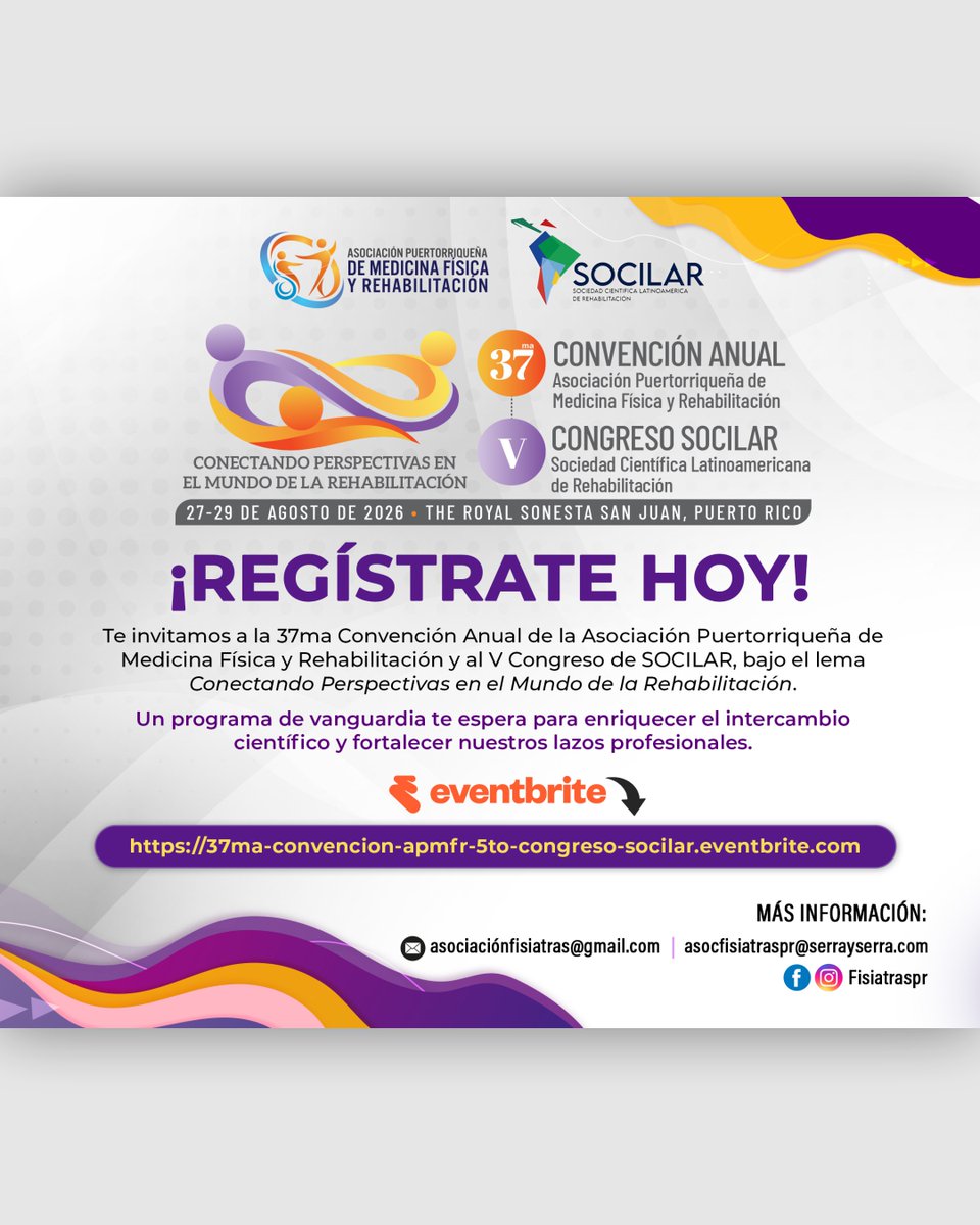 ACMFR's tweet photo. ¡Regístrate hoy!
Te invitamos a la 37ma Convención Anual de la Asociación Puertorriqueña de Medicina Física y Rehabilitación y al V Congreso de SOCILAR, bajo el lema Conectando Perspectivas en el Mundo de la Rehabilitación. Accede a https://t.co/PWELMysJoF para registrarte. https://t.co/S60HAlVYla