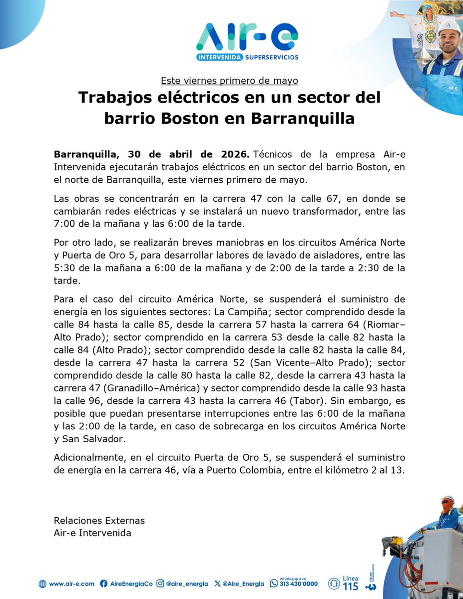 Aire_Energia's tweet image. #MejorasProgramadas 🌀

Este viernes 1 de mayo estaremos realizando trabajos de mejora en el servicio de energía en el sector de la carrera 47 con calle 67, en el barrio Boston, al norte de Barranquilla.

Estas labores, que incluyen el lavado preventivo de aisladores, hacen parte