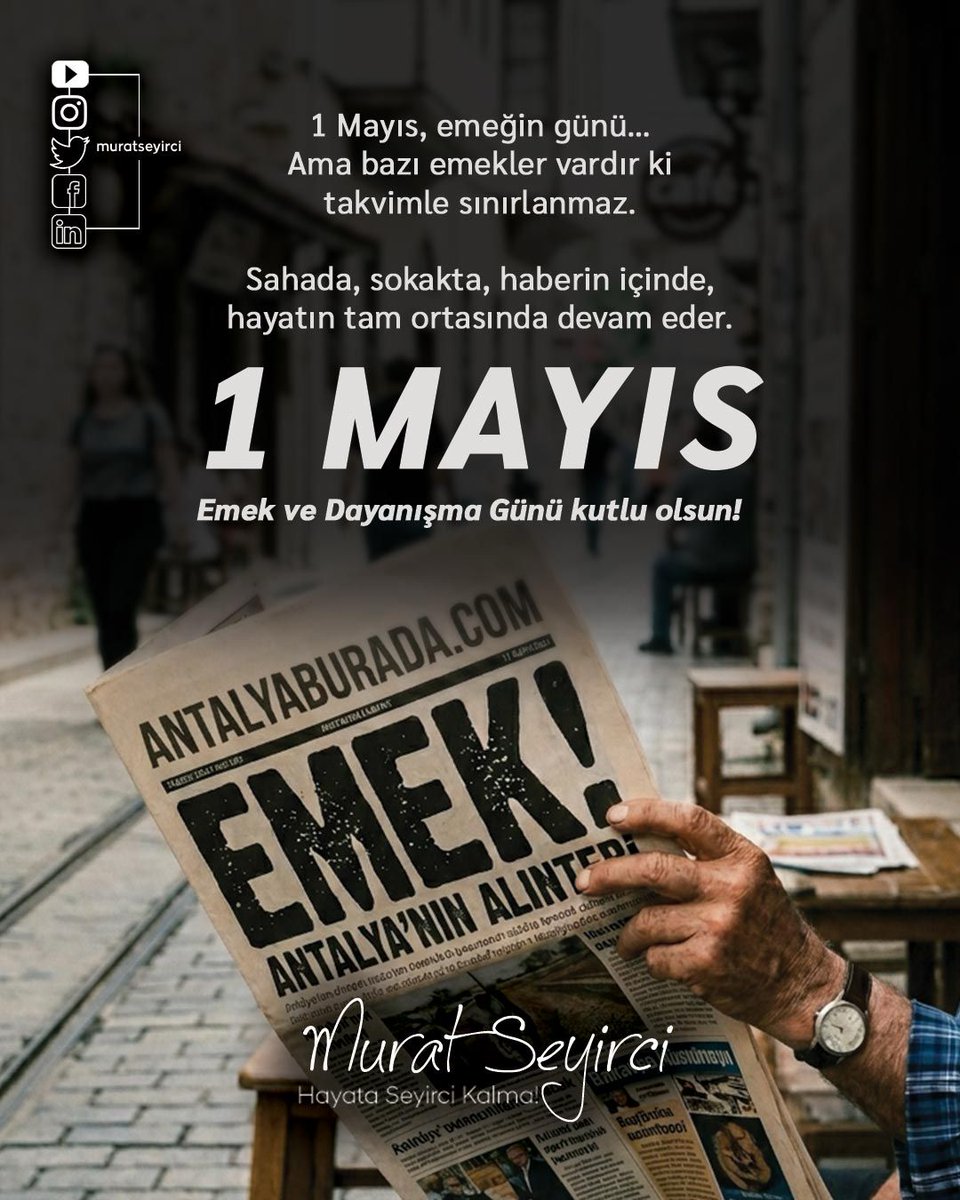 MuratSeyirci's tweet photo. 1 Mayıs, emeğin günü... 

Ama bazı emekler vardır ki takvimle sınırlanmaz.
Sahada, sokakta, haberin içinde, hayatın tam ortasında devam eder.

1 MAYIS
Emek ve Dayanışma Günü, tüm gazeteci meslektaşlarıma kutlu olsun!

#1mayıs #1mayısişçiveemekçibayramıkutluolsun #muratseyirci https://t.co/fYcQtIOZmc