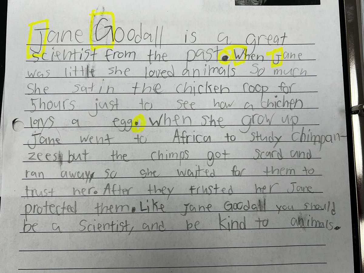 KiserClass's tweet photo. Incredible writing in Room 107! ✏️ After learning about Jane Goodall, students explained what makes her a great scientist, showing off editing, details, conjunctions &amp; more. So proud! 💛 #StudentGrowth #WritingWins #2ndGrade https://t.co/xZMWOulcTE