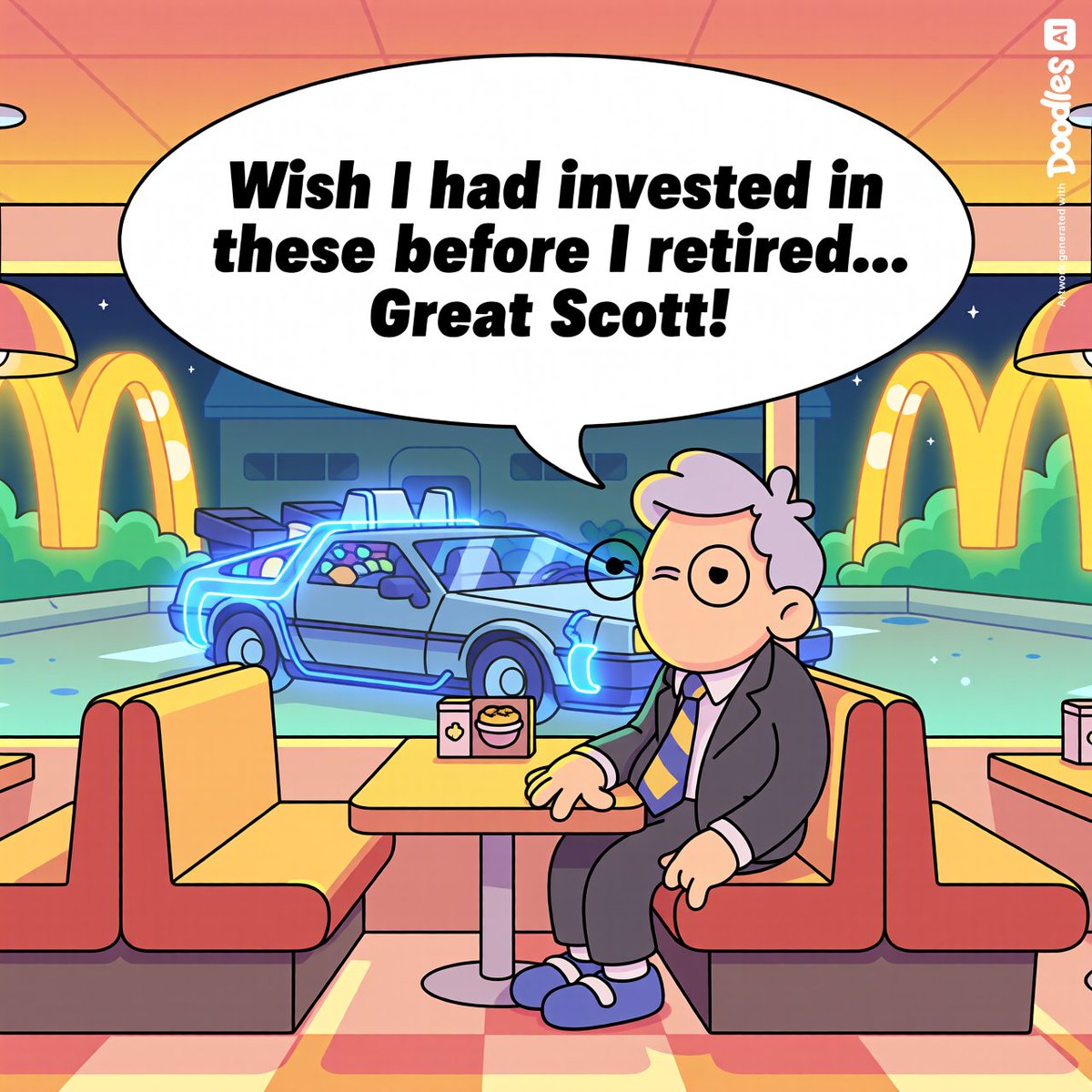The Best Investment ⏰👴

An old Warren Buffett Doodle sits inside McDonald’s, quietly enjoying his Big Mac and fries.

He looks out the window and sees his shiny DoodLorean parked right outside.

With a small smile he says:

“I wish I invested in these before I retired… Great