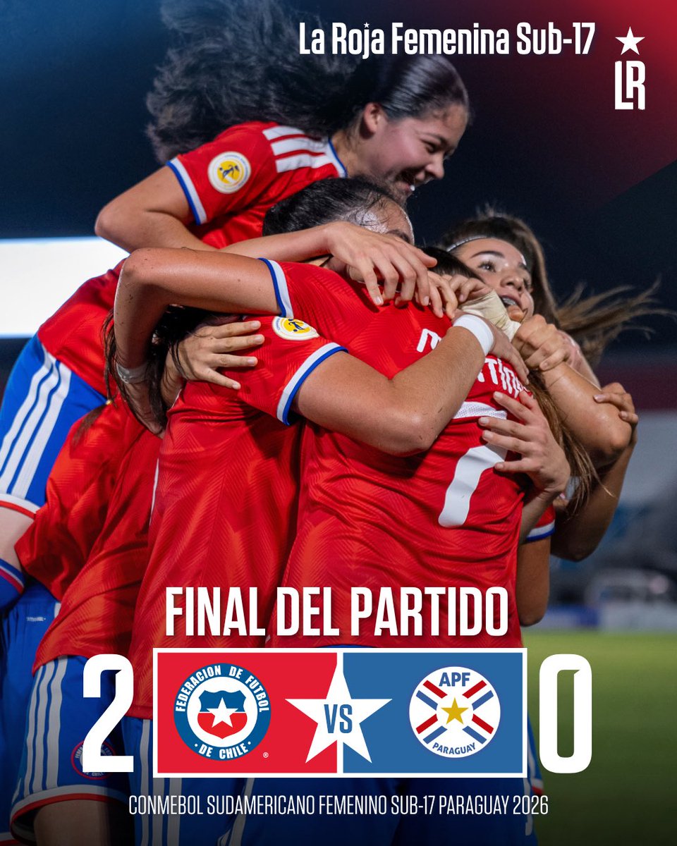 LaRoja's tweet photo. ¡Triunfo de #LaRojaFemenina 🇨🇱 Sub-17! 

Con goles de Kiara Concha y Antonella Martínez, las dirigidas por Vanessa Arauz derrotaron a Paraguay 🇵🇾 por la Fecha 4 del Sudamericano 🏆

🇨🇱2️⃣➖0️⃣🇵🇾
#VamosLaRojaFemenina https://t.co/z5oNtsDMBJ