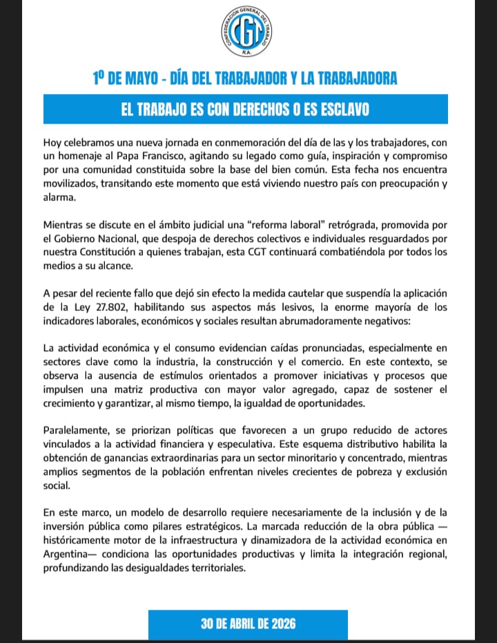 hectordaer's tweet photo. Este 1° de Mayo no es una fecha más: es una alerta y un compromiso. Frente al ajuste, la pérdida de derechos, el deterioro del trabajo, la educación y la salud, levantamos la voz con claridad: el trabajo es con derechos o es esclavo. Vamos a defender cada conquista y a construir una Argentina soberana, con desarrollo, inclusión y justicia social.

Comparto el comunicado de la @cgtoficialok