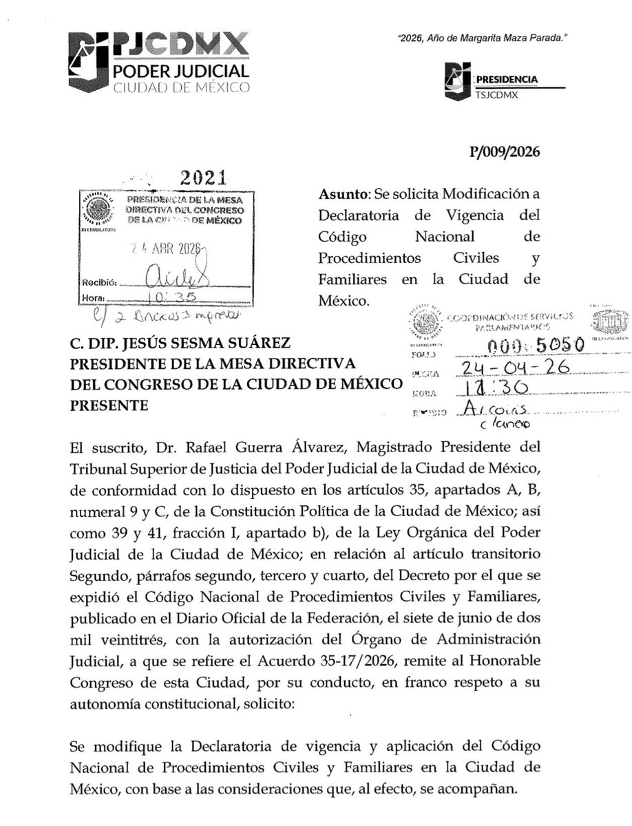 gcardenasoriano's tweet photo. 🚨 Solicitud de modificación a la Declaratoria de Vigencia del Código
Nacional de Procedimientos Civiles y Familiares en la Ciudad de México

📑 Presentada por el PJCDMX ante el Congreso de CDMX.

⏭️ Propone que las etapas 2 y 3 se pospongan para el 01 de abril de 2027 y que se elimine la referencia a la materia mercantil

🔗Gaceta Parlamentaria del 28 de abril de 2026: https://t.co/4MwUVVZHiu