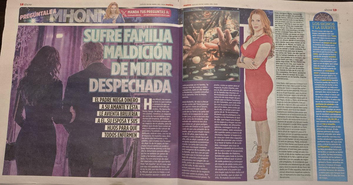 mhonividente's tweet image. Es #jueves amigos de predicciones por su periódico favorito @PeriodicoMETRO @GDLMetro #Mhoni #cdmx #monterrey #guadalajara #toluca