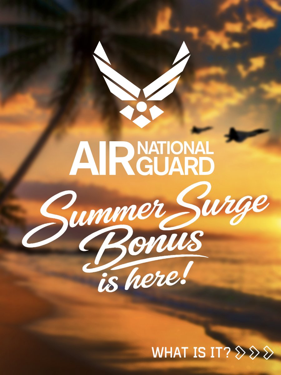 ANG_Recruiting's tweet photo. Thru September 30th, take advantage of SUMMER SURGE! ๐ด๐ฐ
#summersurge #airnationalguard #guardwhatmatters https://t.co/8mneZ52Jwk