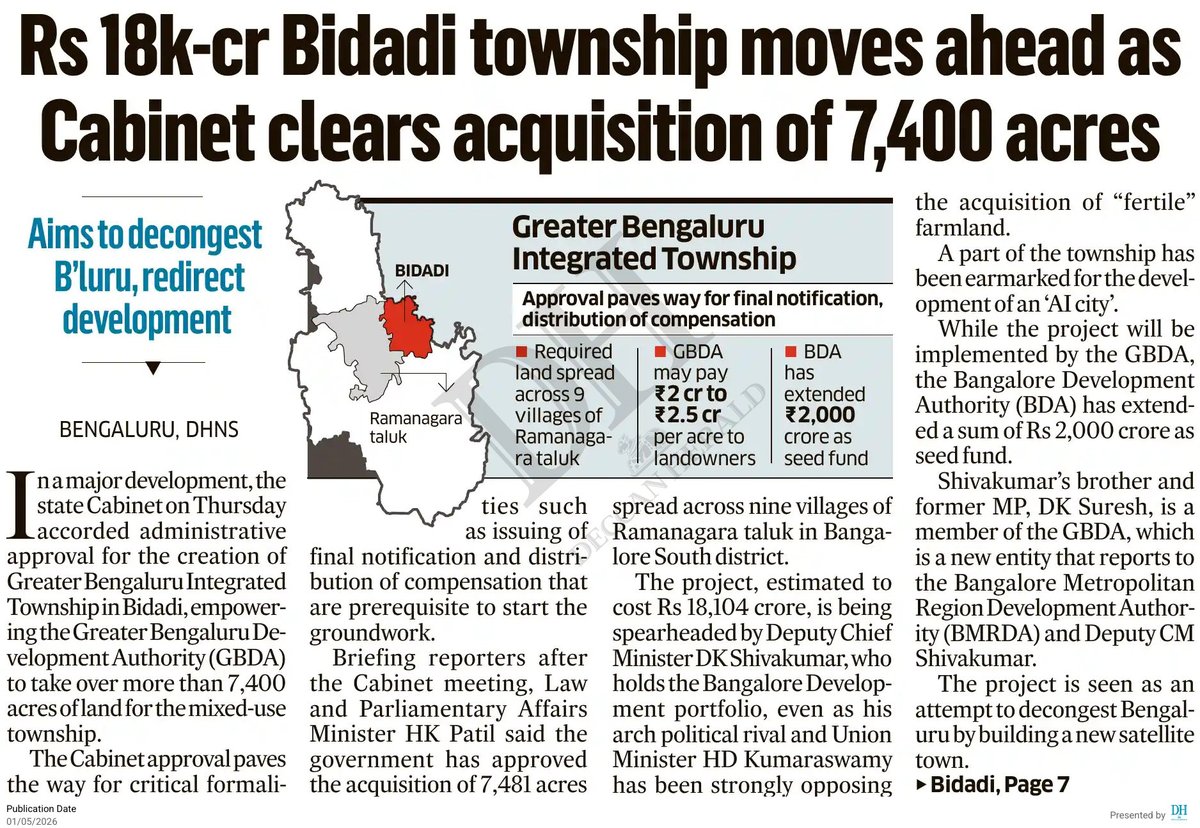 naveenmzs's tweet image. Bidadi Township, spread across 7,400 acres in South #Bengaluru, is going to be a reality

State Cabinet approved th mix-use township on Thursday, empowering authorities to issue final notification, disperse compensation for land losers

BDA to invest Rs 2,000 cr

@DKShivakumar