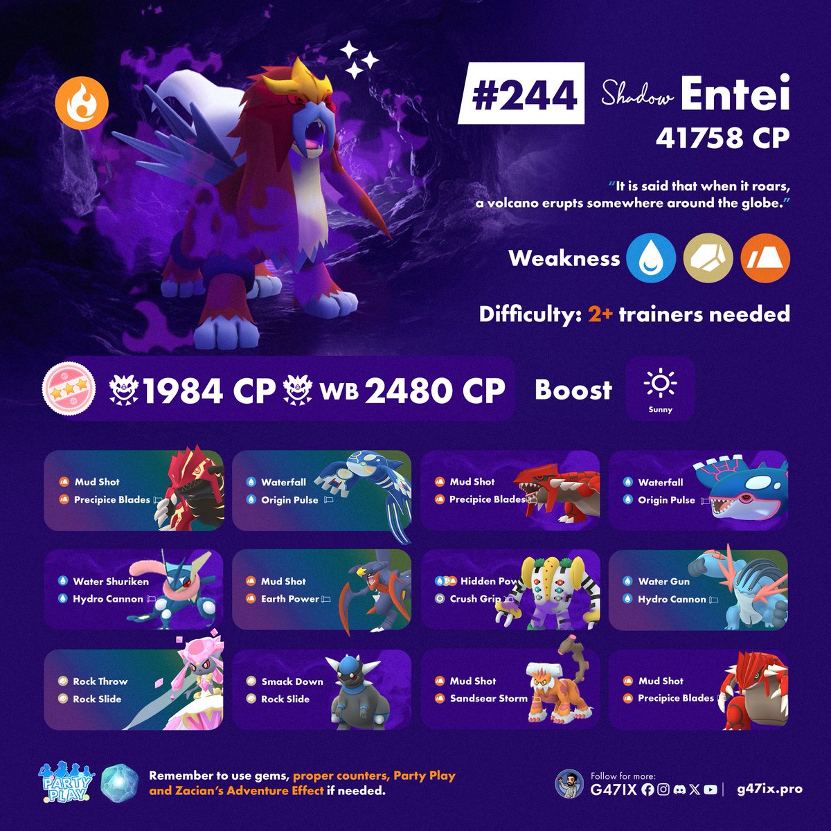 g47ix's tweet image. 🔥 Shadow Entei will be available during Raid Day on May 2.
✨ If you're lucky, you might find a Shiny! (odds should be boosted to ~1/10)
More counters ➡️ Pokebattler_com
#PokemonGO