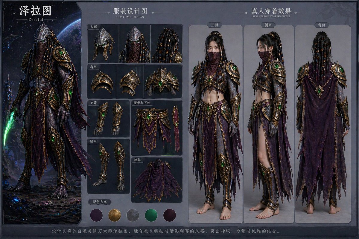 GPT-image-2 反向玩法第三弹：

拆解《星际争霸》角色泽拉图的服装，生成极具反差感的服装设计图和穿搭效果演示。

先上传角色图片给GPT，万能提示词如下：

“拆解角色服装，生成服装设计图，并套用在普通东亚女性身上，3:2”