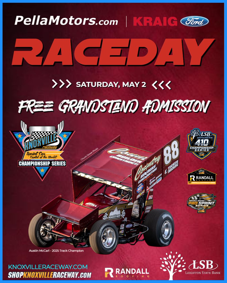 knoxvilleraces's tweet image. RACEDAY at the Sprint Car Capital of the World! Tonight is the Pella Motors / Kraig Ford Season Opener at Knoxville Raceway - and FREE Grandstand Admission!

⏰6:00pm Hot Laps
🟢7:15pm Racing
🎟KnoxvilleRaceway.com

#LeightonStateBank410
#RandallRoofing360