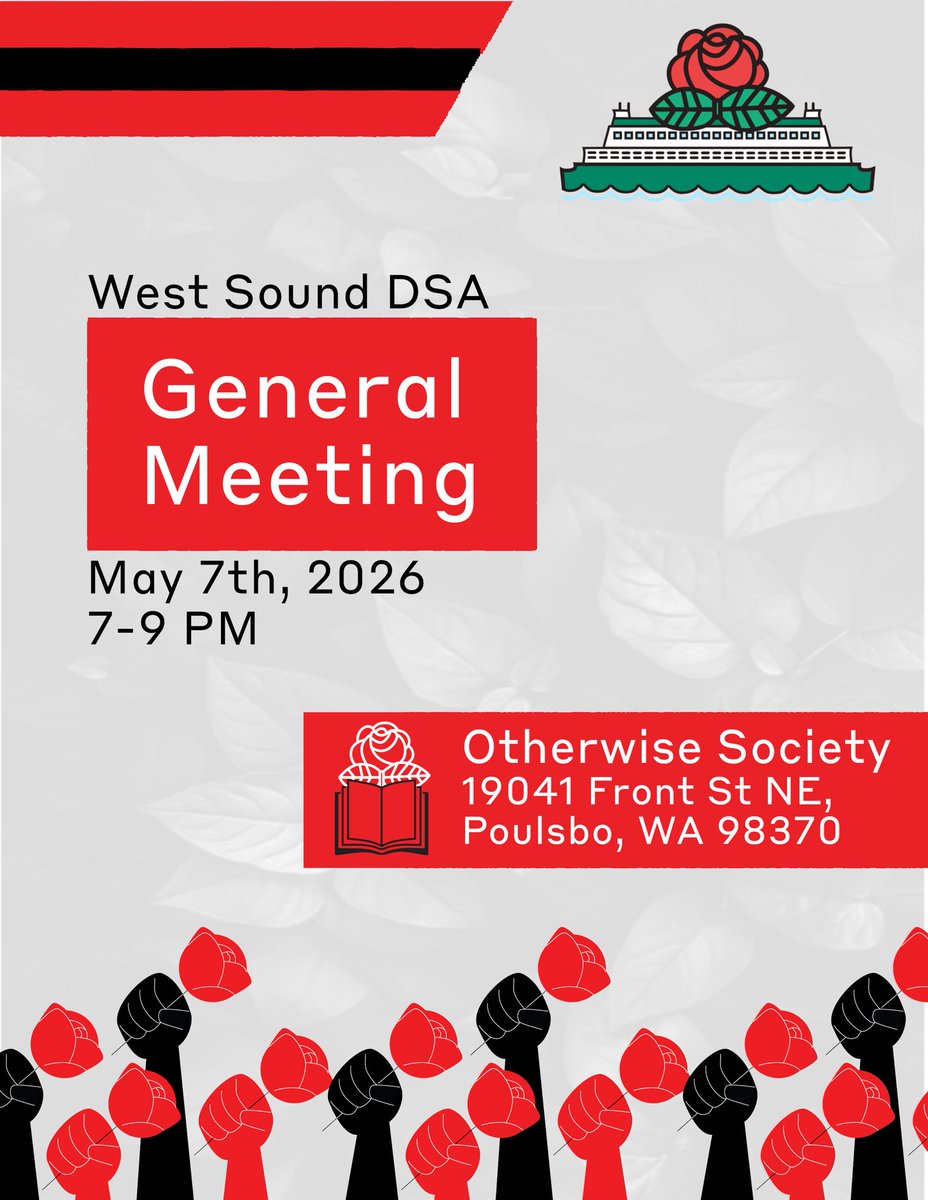 WestSoundDSA's tweet photo. 🌹⏰Join us May 7th, at 7:00 PM for our monthly general meeting! We'll be meeting at the Otherwise Society located at 19041 Front St NE. (Also available via Zoom)🌹⏰

We'll give updates on our chapter's work and deliberate on our chapter's priorities! https://t.co/K0Hyu1w7Ud