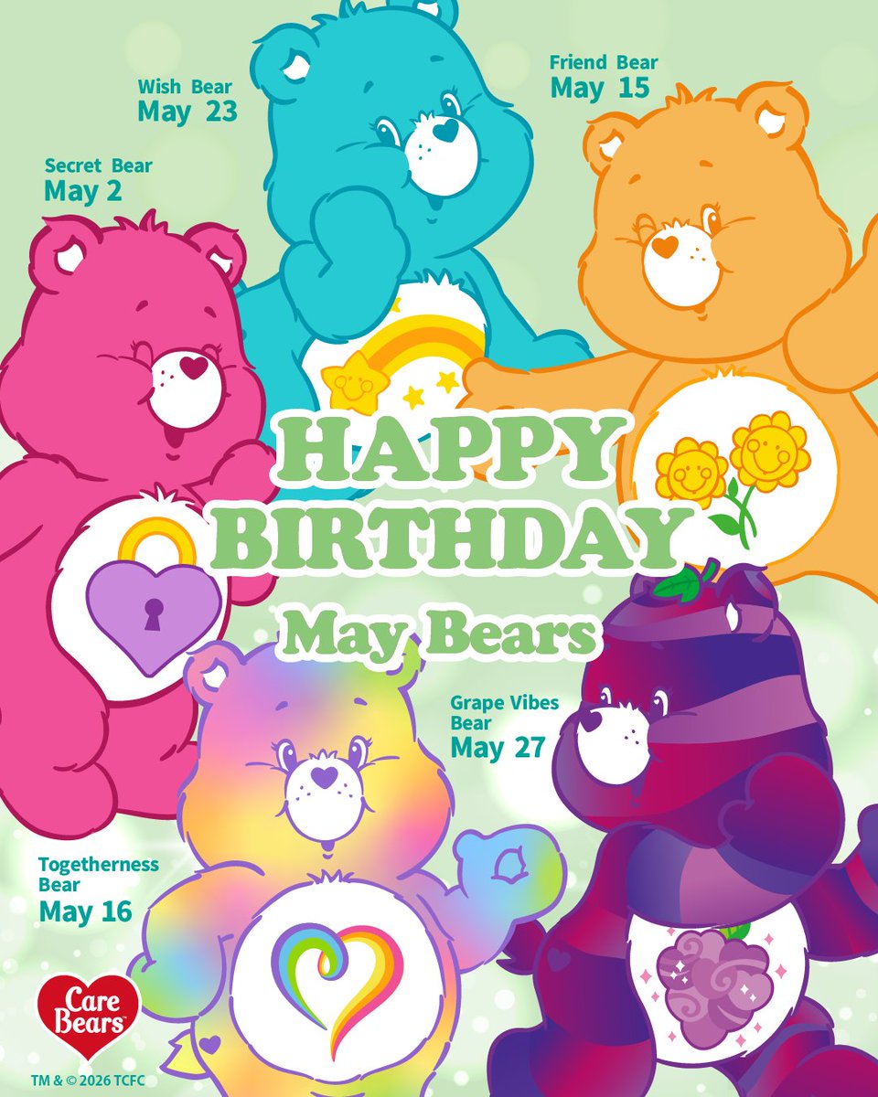 carebears_jp's tweet image. 𝗠𝗮𝘆 𝗕𝗶𝗿𝘁𝗵𝗱𝗮𝘆 𝗦𝘁𝗮𝗿𝘀!🌿☀️✨

5月にお誕生日を迎える、キラキラ輝くケアベア™たちをご紹介🌈
新緑の季節にぴったりな、元気いっぱいの仲間たちが大集合したよ🎈

5月生まれのみなさん、そしてケアベア™たち
\Happy Birthday🎂💚//

#carebears #ケアベア @carebears