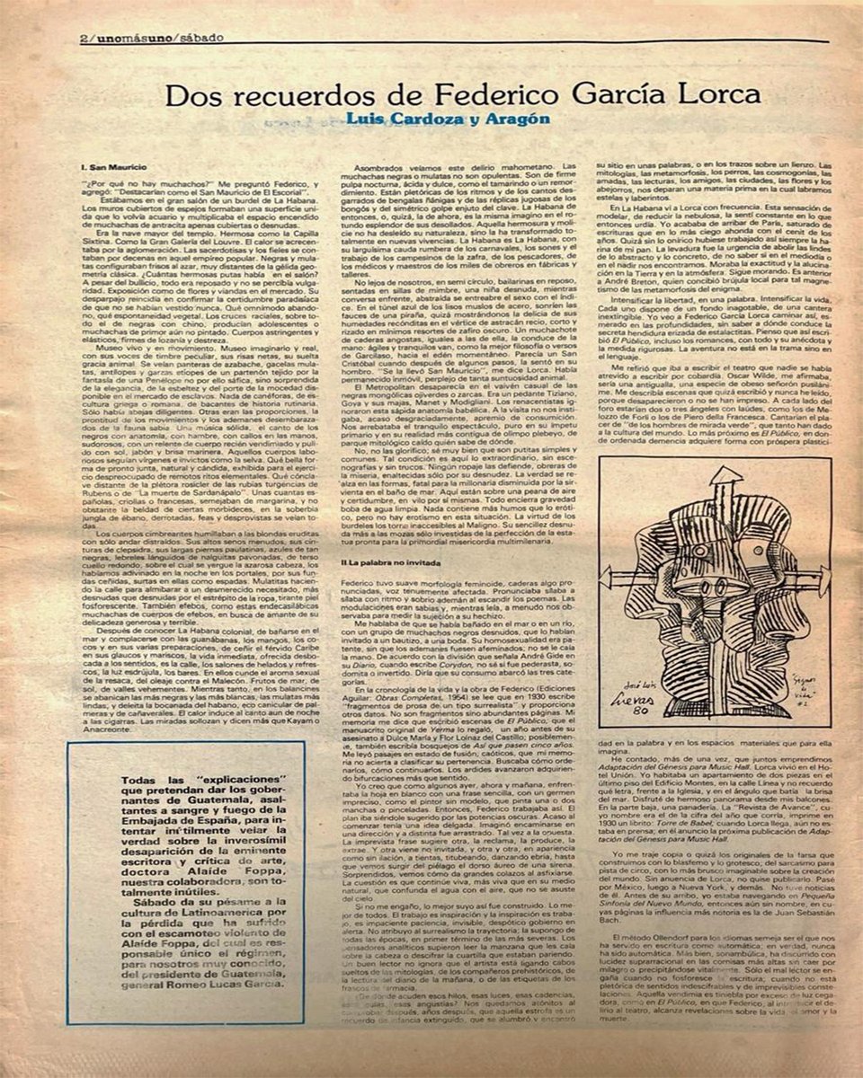 Pendola_RR's tweet photo. #Memorias
El 5 de junio de 1898 nació Federico García Lorca. En el número 165 de 𝘚á𝘣𝘢𝘥𝘰 (3 de enero de 1981), se publicaron estos recuerdos de Luis Cardoza y Aragón. https://t.co/iI6n808QX6