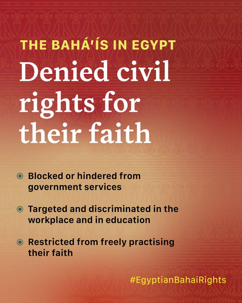 BahaiBIC_Rights's tweet image. In Egypt, access to government services depends on holding a national ID card—and that card requires citizens to declare their religion. Between 2004 and 2008, "Bahá'í" was not permitted as an option, effectively rendering Bahá'ís stateless in their own country. A 2008 Supreme