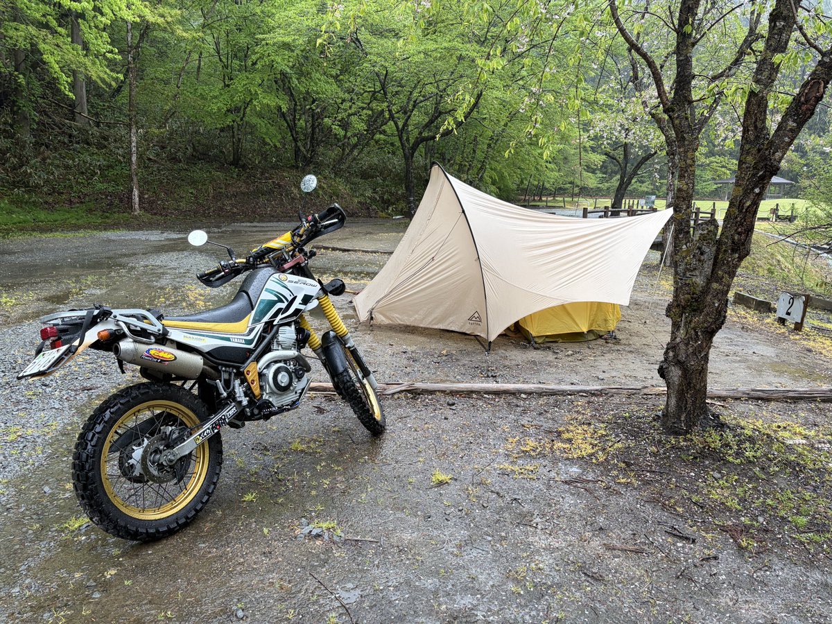 ratton99's tweet photo. 本日の来場者は私のみ！
雨天完ソロキャンプが始まります🏕️
よって全裸ナチュラル野営の開始ですww
#セロー
#ソロキャンプ https://t.co/FQ9gIgsJuQ