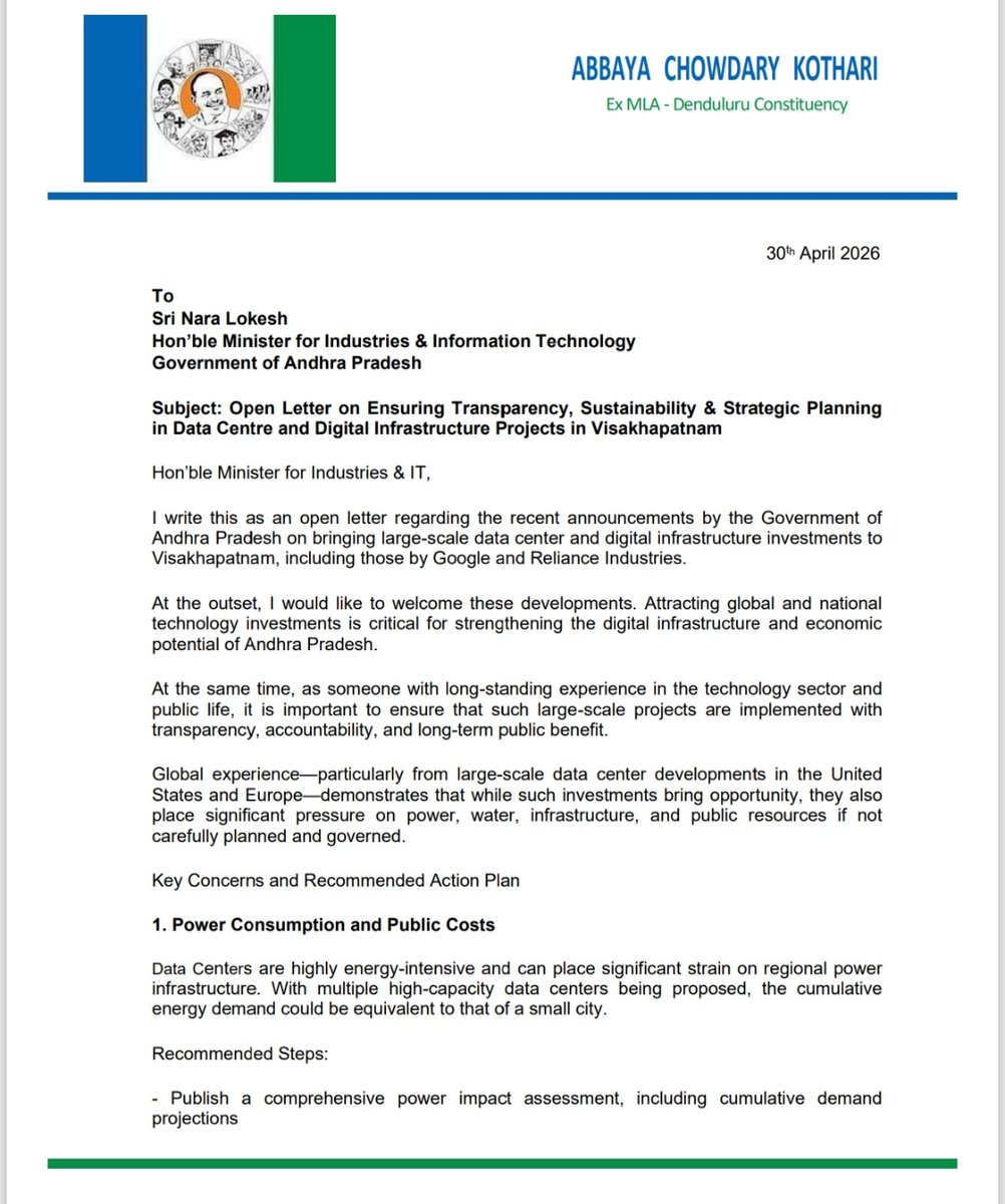 AbbayaChowdary's tweet photo. Welcoming investments by Google and Reliance Industries in Visakhapatnam.

At the same time, large-scale data centres bring serious challenges around power, water, and public resources.

I have written to the @naralokesh Hon’ble Minister highlighting key steps to ensure transparency, sustainability, and long-term public benefit.

Development must be guided by accountability.

#Kutami
#Vizag #DataCentres #AndhraPradesh #DigitalInfrastructure