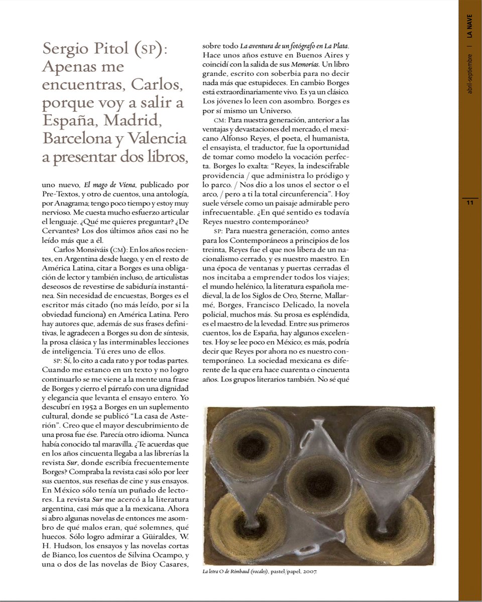 Pendola_RR's tweet photo. #Entrevistas
“Todo está en todo. Diálogo con Sergio Pitol”, entre Carlos Monsiváis y Sergio Pitol, apareció en 𝘓𝘢 𝘕𝘢𝘷𝘦 4-5 (abril-septiembre de 2010). Puedes seguir leyendo aquí https://t.co/BCot46Xxny https://t.co/6P4tuz97ic