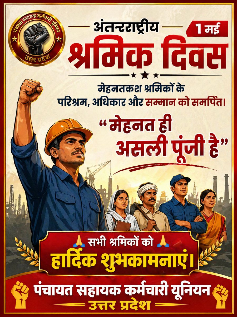 📢 अंतरराष्ट्रीय श्रमिक दिवस – 1 मई

मेहनतकश श्रमिकों के परिश्रम, अधिकार और सम्मान को समर्पित।

“मेहनत ही असली पूंजी है”

सभी श्रमिकों को हार्दिक शुभकामनाएं।

पंचायत सहायक कर्मचारी यूनियन, उत्तर प्रदेश

#LabourDay #ShramikDiwas #WorkersDay #UP #RespectWorkers📢