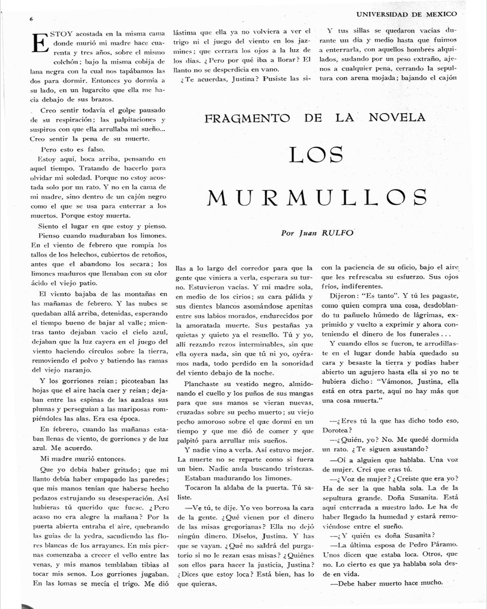 Pendola_RR's tweet photo. #Novela
En el número 10 de 𝘜𝘯𝘪𝘷𝘦𝘳𝘴𝘪𝘥𝘢𝘥 𝘥𝘦 𝘔é𝘹𝘪𝘤𝘰 (junio de 1954), Juan Rulfo publicó un fragmento de la novela 𝘓𝘰𝘴 𝘮𝘶𝘳𝘮𝘶𝘭𝘭𝘰𝘴, antecedente de 𝘗𝘦𝘥𝘳𝘰 𝘗á𝘳𝘢𝘮𝘰. https://t.co/MOS63anDlv