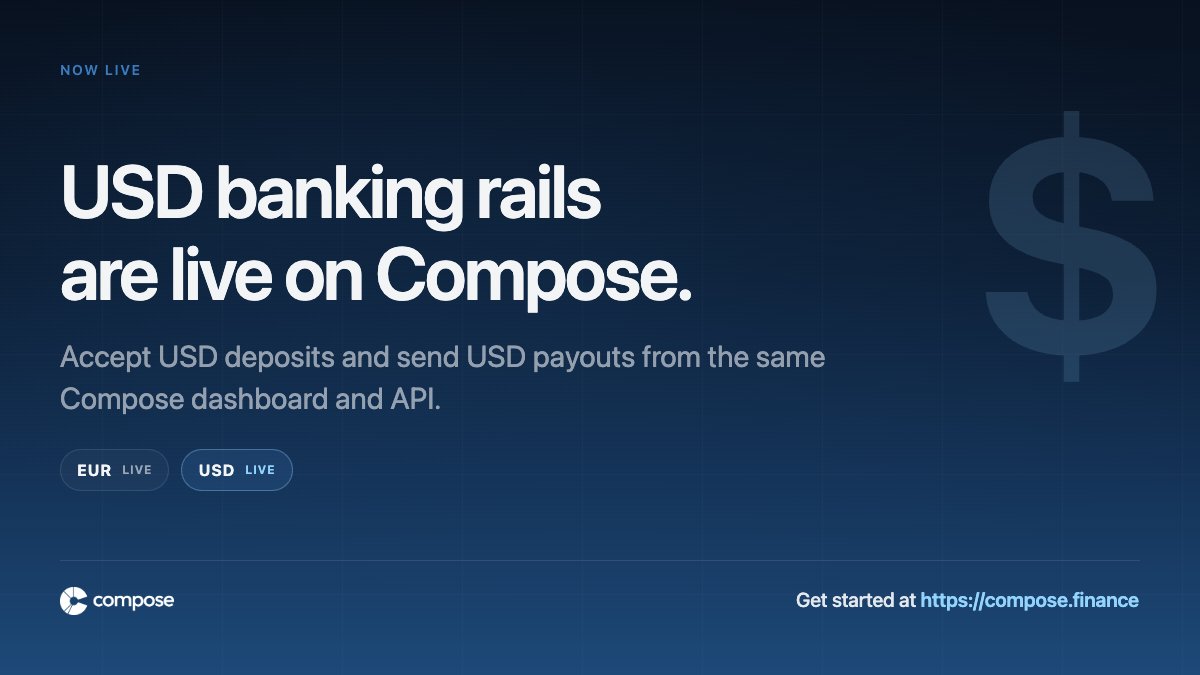 compose_finance's tweet photo. USD is live on Compose.

You can now accept USD deposits and send USD payouts from the same dashboard and API you already use for EUR. https://t.co/7WikQ1DSsR