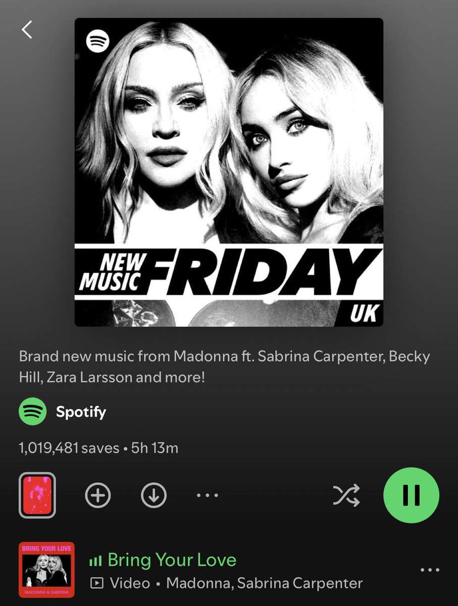 sconspotify's tweet photo. .@SabrinaAnnLynn and Madonna are on the cover of @Spotify’s “New Music Friday UK” playlist with “Bring Your Love” added at #1 https://t.co/5b1Dzu2Ki7
