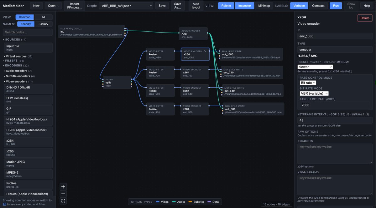 tmvn's tweet photo. I've developed a new open-source media processing application: https://t.co/1uVCIQl8eV
- No more command-line insanity; every job is defined in a JSON
- A GUI that lets you define, configure and run
- Define custom processing nodes
- Better metrics and metadata handling
Try it out