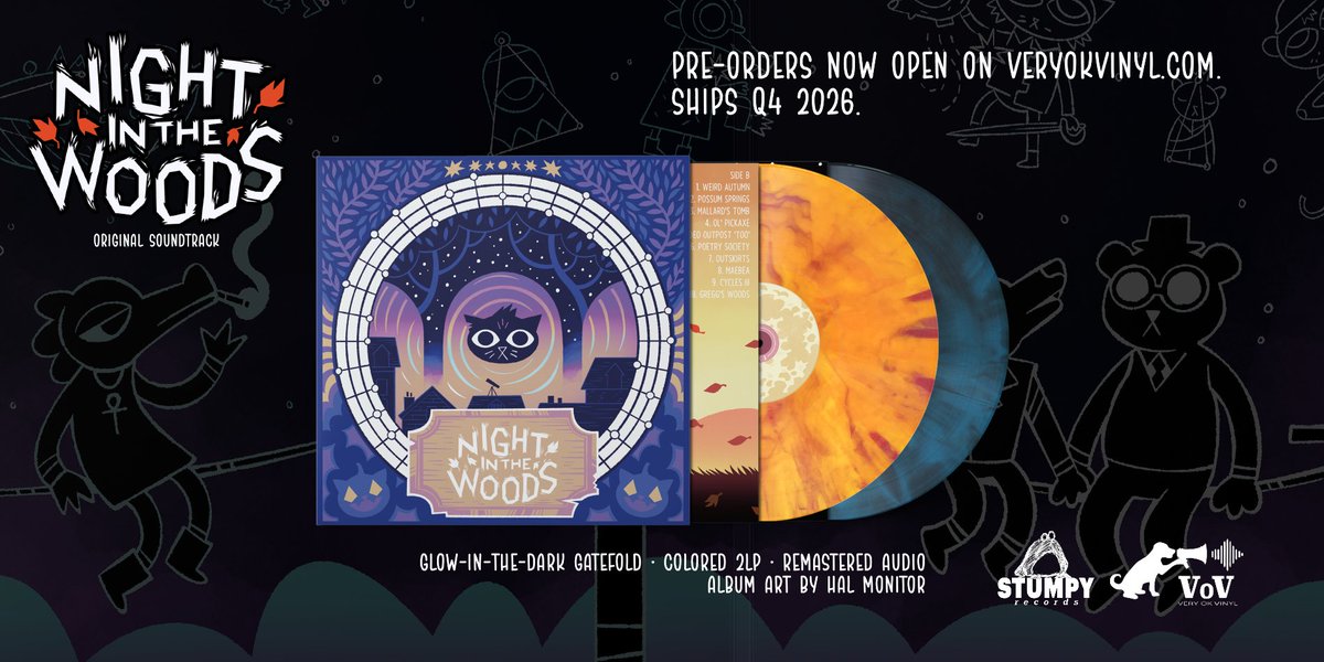 stumpyfrogrecs's tweet photo. It's time to come home to Possum Springs.

Night In The Woods 🌔🍃
Vinyl 2LP re-release.

Pre-order now.
#NitW #NightintheWoods https://t.co/KKNMklBYGa