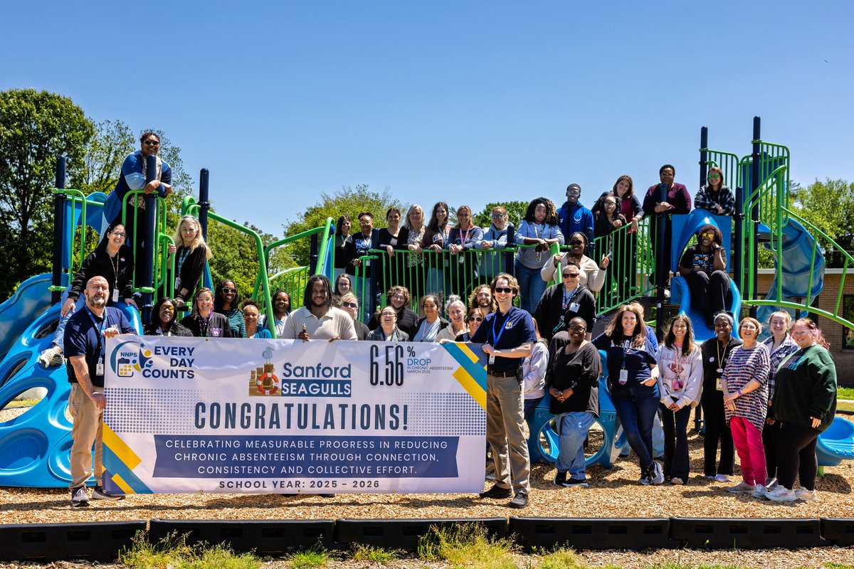 StevePollardEdD's tweet photo. Proud moment for Sanford Elementary! 🎉 Recognized as a winner of the March Chronic Absenteeism Challenge, this reflects the dedication of our amazing staff supporting student success every day. #oneNNPS #EveryDayCounts #WeNeedYouHere #nnpsproud https://t.co/EuXG0ctAiM