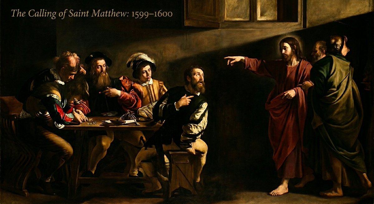 art4dday's tweet photo. The Calling of Saint Matthew; Caravaggio
From tax collector to Apostle, one gesture changed everything.
Caravaggio captures the divine moment
Jesus calls Matthew out of his old life into eternal purpose. 🕯️✝️
#CallingOfSaintMatthew #Caravaggio #BaroqueArt #SacredArt #BibleArt https://t.co/umr85UBEL0