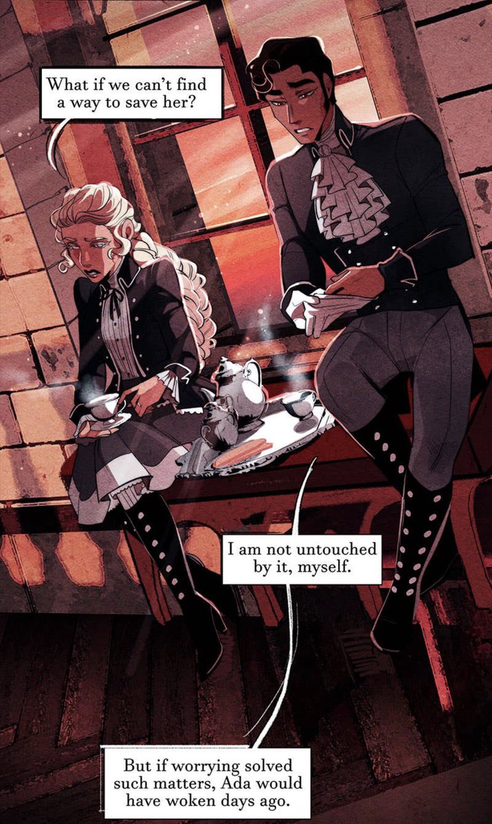 I love how Annabel speaks here, Prospero thinks she’s talking about Ada but we all know who she’s talking about 🥺 can we talk about how Prospero noticed her favorite tea &amp; how they meet up for tea time OUGH POSH BESTIES AT IT AGAIN #Nevermorewebtoon