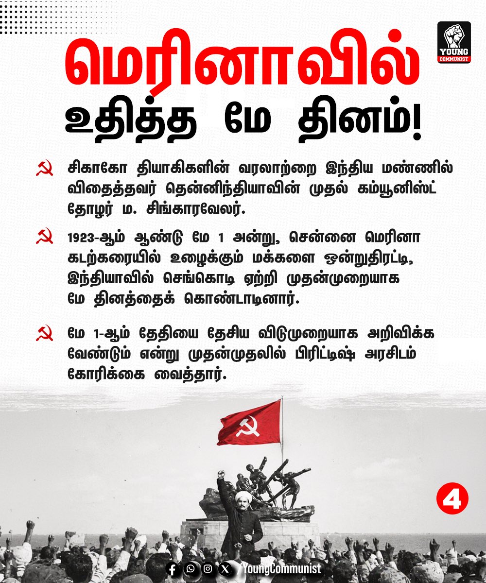 YoungcommunistT's tweet image. இன்று கார்ப்பரேட்டுகளின் கைக்கூலியான மோடி தலைமையிலான பாஜக அரசு, புதிய தொழிலாளர் விரோத சட்டங்கள் மூலம் நாம் போராடிப் பெற்ற உரிமைகளை மீண்டும் காலில் போட்டு நசுக்கத் துடிக்கிறது.

உரிமைகள் முதலாளிகள் போடும் பிச்சையல்ல, உழைக்கும் வர்க்கம் உயிரைக் கொடுத்துப் பெற்றவை!

#LaborDay #May1