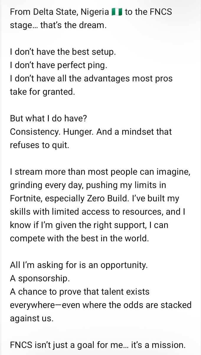 Mk_4709's tweet photo. From Delta State, Nigeria 🇳🇬 to the FNCS stage… that’s the dream. @Fortnite @EpicGames @FNCompetitive @RedBullGaming @GfuelEnergy @FaZeClan @NRGgg https://t.co/KNLqdM165l